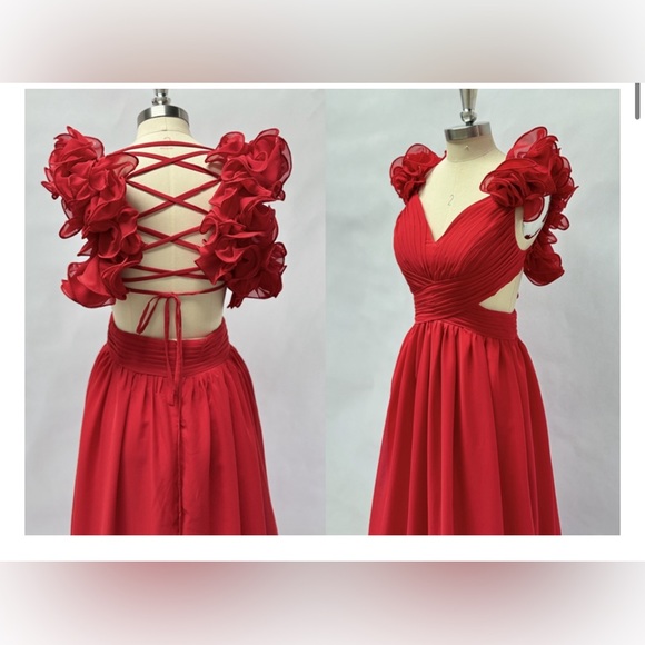 Coral Chiffon Ruffle Tiered Cut-Out Gown - Size 4 - Picture 11 of 12